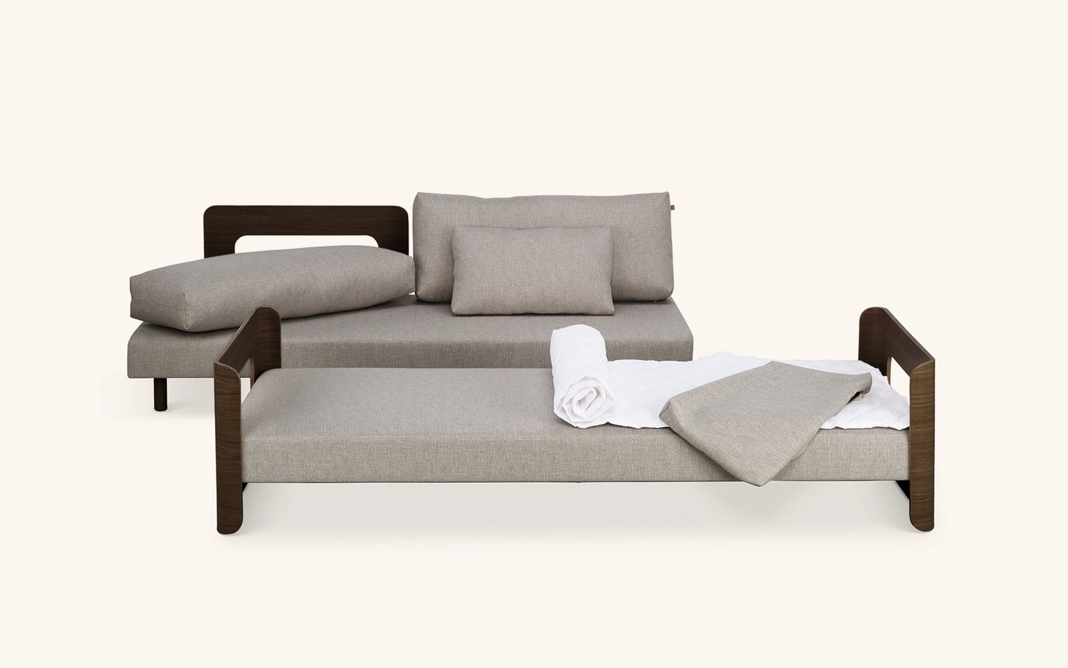 On2 Wood sofa bed, dark oak-beige, washable