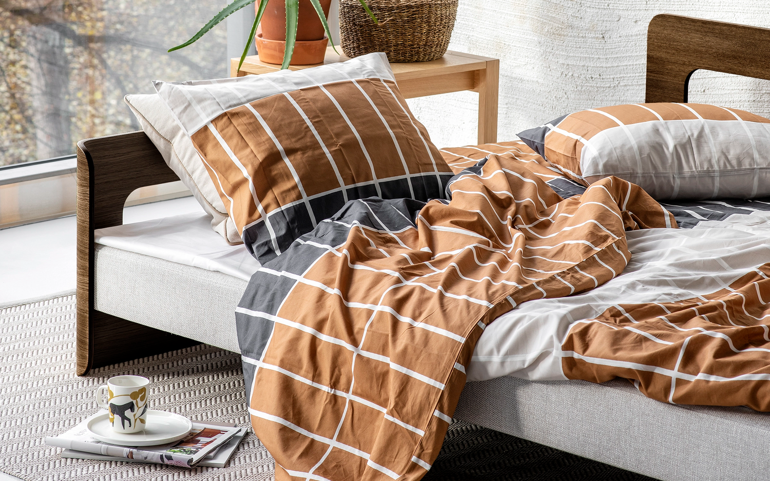 On2 Wood sofa bed, dark oak-natural white, washable